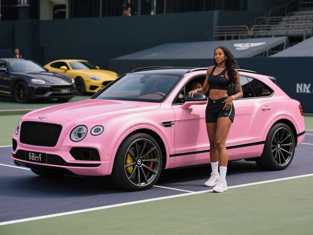 [流言板]阿贾-威尔逊驾定制粉色宾利添越惊艳亮相球馆